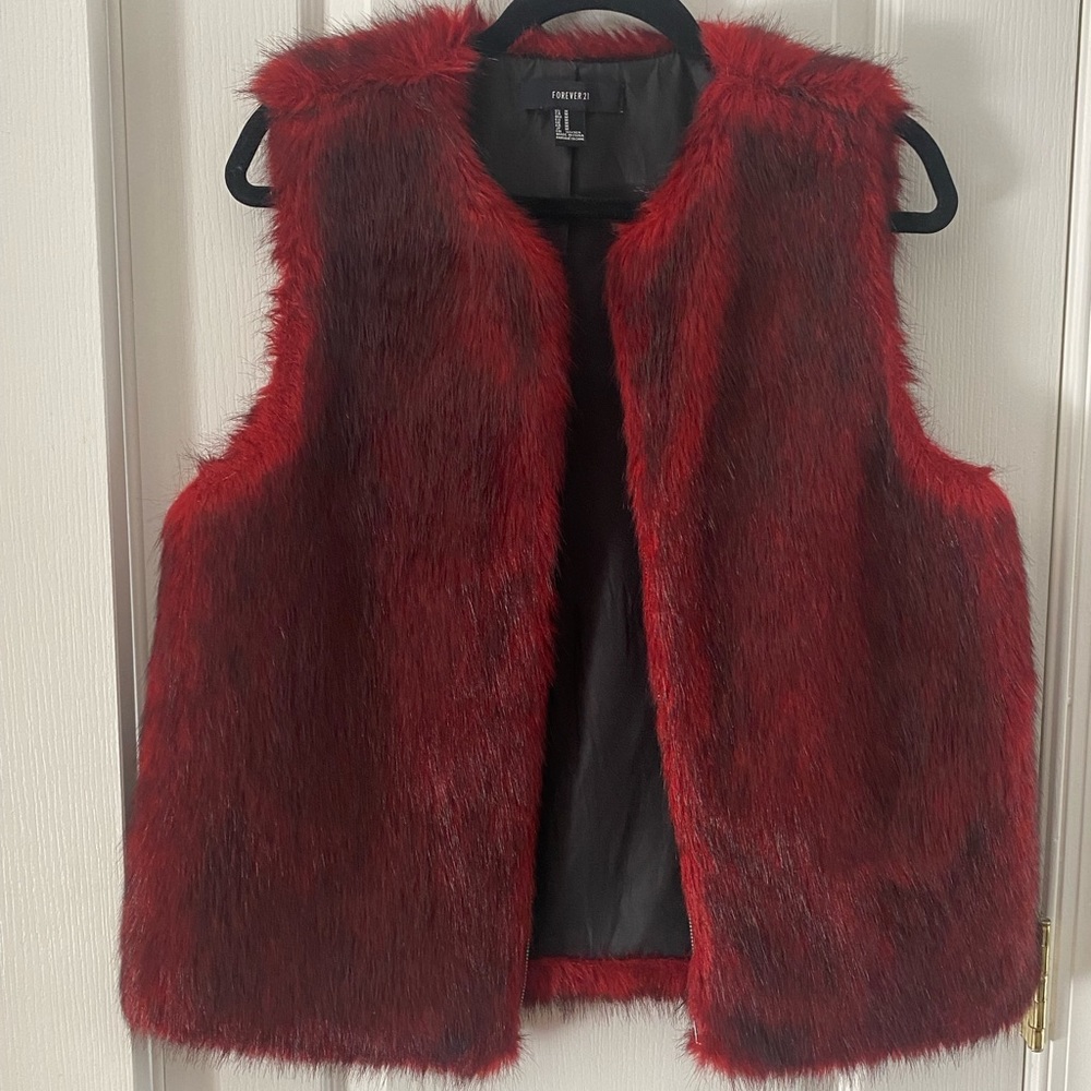Red and black faux fur vest with zipper